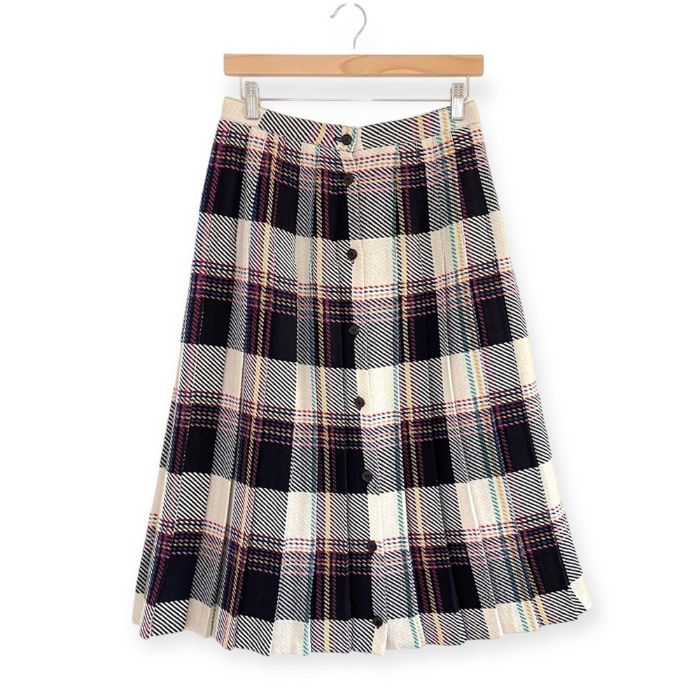 Vintage Claude Multicolor Woven Plaid Wool Blend Pleated Midi Skirt Medium